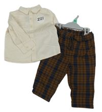 Nové - 2set - Béžová košile + hnědo-tmavomodré kostkované kalhoty 