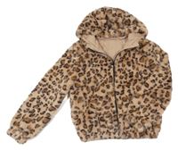 Béžovo-černo-hnědá kožešinová podšitá bunda s leopardím vzorem a kapucí Dunnes 
