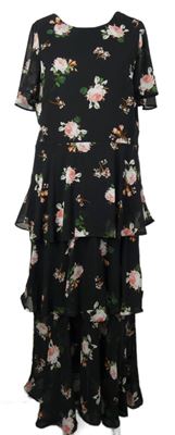 Dámské černé květované šifonové midi šaty s volánky Dorothy Perkins 