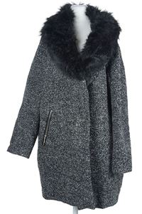 Dámský černo-šedý melírovaný vlněný kabát s kožíškem George 