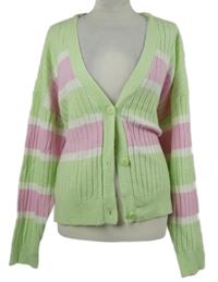 Dámský světlezeleno-růžovo-bílý pruhovaný propínací svetr Hailys 