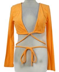 Dámské oranžové froté crop triko na zavazování Shein 