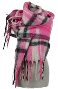 Dámská neonově růžovo-černá kostkovaná teplá šála s třásněmi Savida