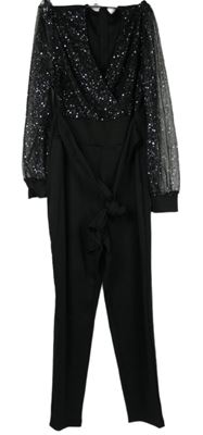 Dámský černý kalhotový overal s tylovými třpytivý rukávy a páskem Shein 