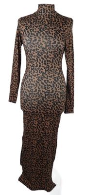 Dámské skořicovo-černé vzorované dlouhé šaty se stojáčkem New Look 