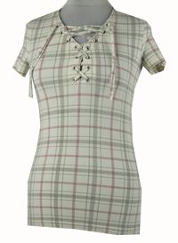 Dámské bílo-šedo-růžové kostkované tričko se šněrováním Chillytime 