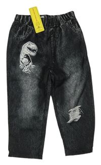 Nové- Černo-šedé tepláky s dinosaurem Shein