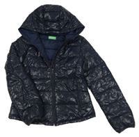 Tmavomodro-černá šusťáková prošívaná zateplená bunda s kapucí Benetton