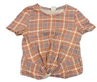 Bílo-oranžovo-modré kostkované crop tričko s uzlem H&M