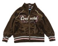 Hnědá sametová propínací mikina s nápisem 