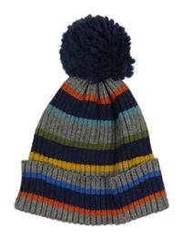 Šedo-tmavomodro-barevná pruhovaná žebrovaná čepice s bambulí M&S