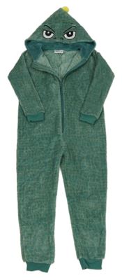 Šalvějovo-khaki vzorovaná plyšová kombinéza s kapucí - dinosaurus INFINITY KIDS