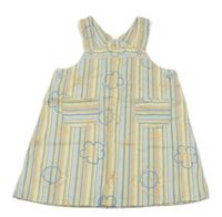 Žluto-modro-oranžové pruhované riflové laclové šaty s kytičkami 