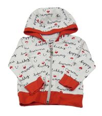 Bílo-červená propínací mikina s nápisy a kapucí 