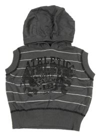 Šedá pruhovaná svetrová vesta s nápisem a kapucí 