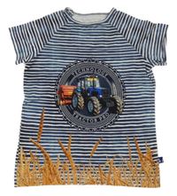 Tmavomodro-bílé pruhované tričko s traktorem 