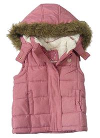 Růžová melírovaná šusťáková zateplená vesta se srdíčkem a kapucí s kožešinou YD