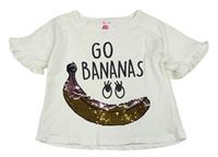 Bílé crop tričko s banánem z překlápěcích flitrů a očima a nápisy a volánky Tu