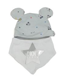 2Set - Světlemodrá čepice s Mickey s kamarády a barevnými tečkami zn. PRIMARK + bílý šátek/slinták s logem zn. DKNY