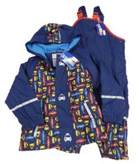 Nové- 2set- tmavomodrá nepromokavá podzimní bunda s auty a kapucí+ laclové podšité kalhoty Lupilu