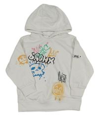 Bílá oversize mikina s graffiti nápisy a lebkou a smajlíkem a kapucí Next