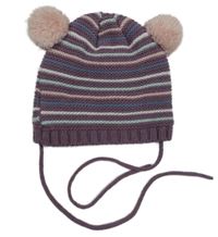 Fialovo-pruhovaná pletená zavazovací čepice s bambulemi Ergee