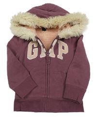 Mahagonová propínací zateplená mikina s logem a kapucí s kožešinou GAP