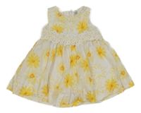 Bílo-žluto-tmavožluté květované plátěné šaty s krajkou 