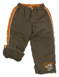 Hnědošedo-oranžové šusťákové zateplené kalhoty s tygrem a pruhy