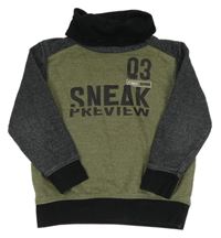 Khaki-tmavošedo-černá melírovaná mikina s nápisy a číslem a komínovým límcem YIGGA