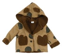 Hnědý puntíkatý semišový zateplený kabátek s kapucí s oušky 
