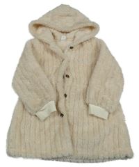 Smetanový žebrovaný chlupatý kabát s kapucí SHEIN