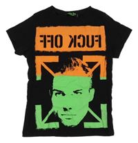 Černé tričko s křiklavě oranžovo/zeleným potiskem 