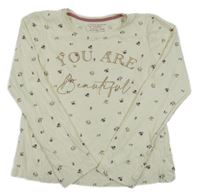 Smetanové crop triko s kytičkami a zlatými nápisy PRIMARK