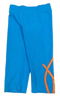 Modré capri sportovní legíny s křiklavě oranžovými pruhy