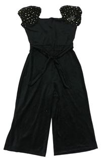 Černý plyšový kalhotový overal s šifonovými rukávy s hvězdičkami Matalan