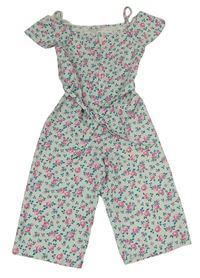Mátový květovaný lehký culottes overal s páskem Bluezoo