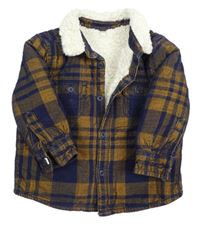 Tmavomodro-hnědá kostkovaná manšestrová zateplená košilová bunda M&S