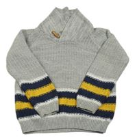 Šedo-tmavmomodro-okrový svetr s pruhy a límcem Matalan