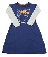 Tmavomodro-světlešedé teplákovo/bavlněné šaty s kočkou Kids