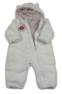 Bílá chlupatá zateplená kombinéza se sovou a kapucí