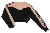 Růžovo-černá crop mikina s pruhem na rukávech s nápisy Shein