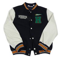 Tmavomodro-bílá flaušovo/koženková baseballová podšitá bunda s písmenem H&M