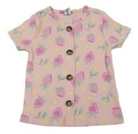 Růžové žebrované tričko s jahodami a knoflíky Dopodopo