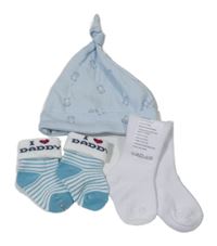3set - Světlemodrá bavlněná čepice s medvědy + bílé poožky + bílo-modré pruhované s nápisem