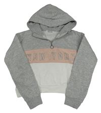 Šedo-bílo-růžová crop mikina s nápisem a kapucí H&M