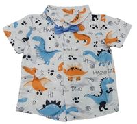 Bílá košile s dinosaury a modrým našitým motýlkem 
