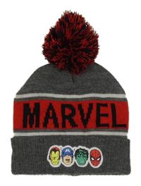 Šedo-červená pletená čepice s Marevel a bambulí Primark