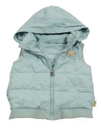Světlemodrá šusťáková zateplená vesta s medvědem a kapucí 