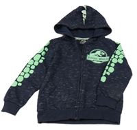 Tmavomodrá melírovaná propínací mikina se zeleným potiskem a ostny a kapucí 